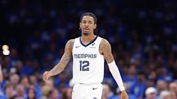 Apr 22, 2025; Oklahoma City, Oklahoma, USA; Memphis Grizzlies guard Ja Morant (12) walks down the court in the third quarter of game two of first round for the 2024 NBA Playoffs against the Oklahoma City Thunder at Paycom Center. Mandatory Credit: Alonzo Adams-Imagn Images