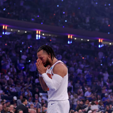 May 19, 2024; New York, New York, USA; New York Knicks guard Jalen Brunson (11) before the start of game seven of the second round of the 2024 NBA playoffs against the Indiana Pacers at Madison Square Garden. Mandatory Credit: Brad Penner-USA TODAY Sports