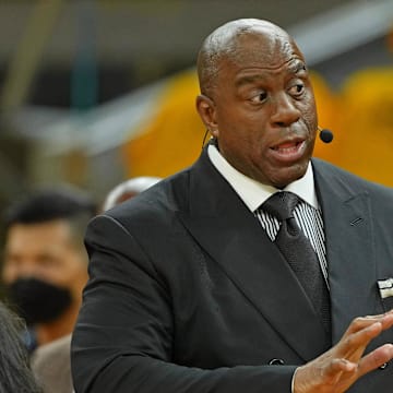 Jun 2, 2022; San Francisco, California, USA; ESPN analyst Magic Johnson before game one of the 2022 NBA Finals between the Golden State Warriors and the Boston Celtics at Chase Center. Mandatory Credit: Darren Yamashita-Imagn Images