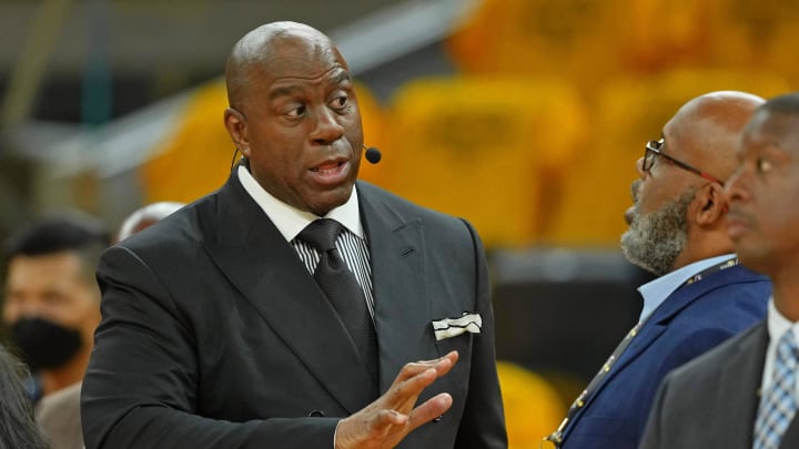 Jun 2, 2022; San Francisco, California, USA; ESPN analyst Magic Johnson before game one of the 2022 NBA Finals between the Golden State Warriors and the Boston Celtics at Chase Center. Mandatory Credit: Darren Yamashita-USA TODAY Sports