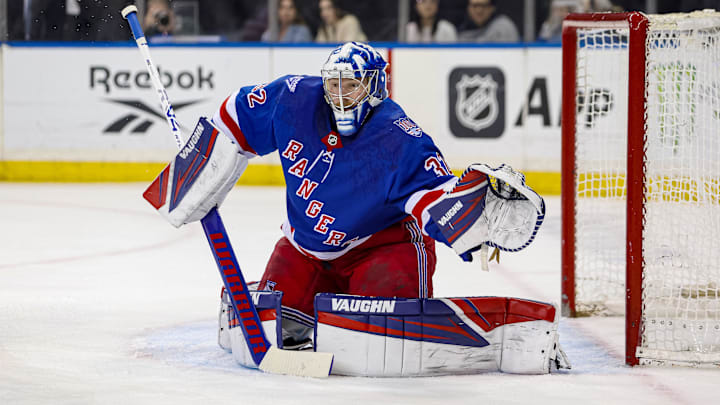 Apr 4, 2026; New York, New York, USA; New York Rangers goalie Jonathan Quick (32) defends the net against the Detroit Red Wings during the first period at Madison Square Garden. Apr 4, 2026; New York, New York, USA; New York Rangers goalie Jonathan Quick (32) defends the net against the Detroit Red Wings during the first period at Madison Square Garden.