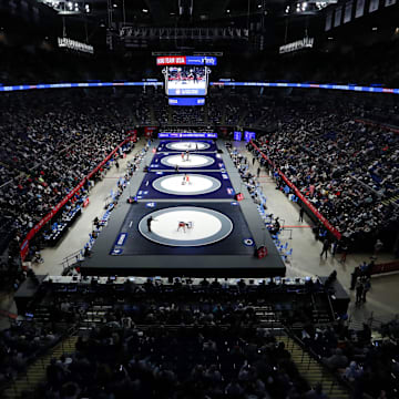 A general view from above as wrestlers compete during the U.S. Olympic Wrestling Team Trials at Penn State's Bryce Jordan Center. 