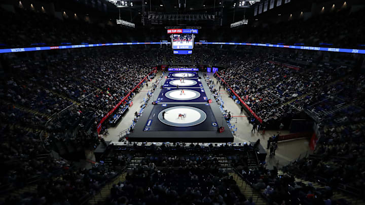 A general view from above as wrestlers compete during the U.S. Olympic Wrestling Team Trials at Penn State's Bryce Jordan Center. 