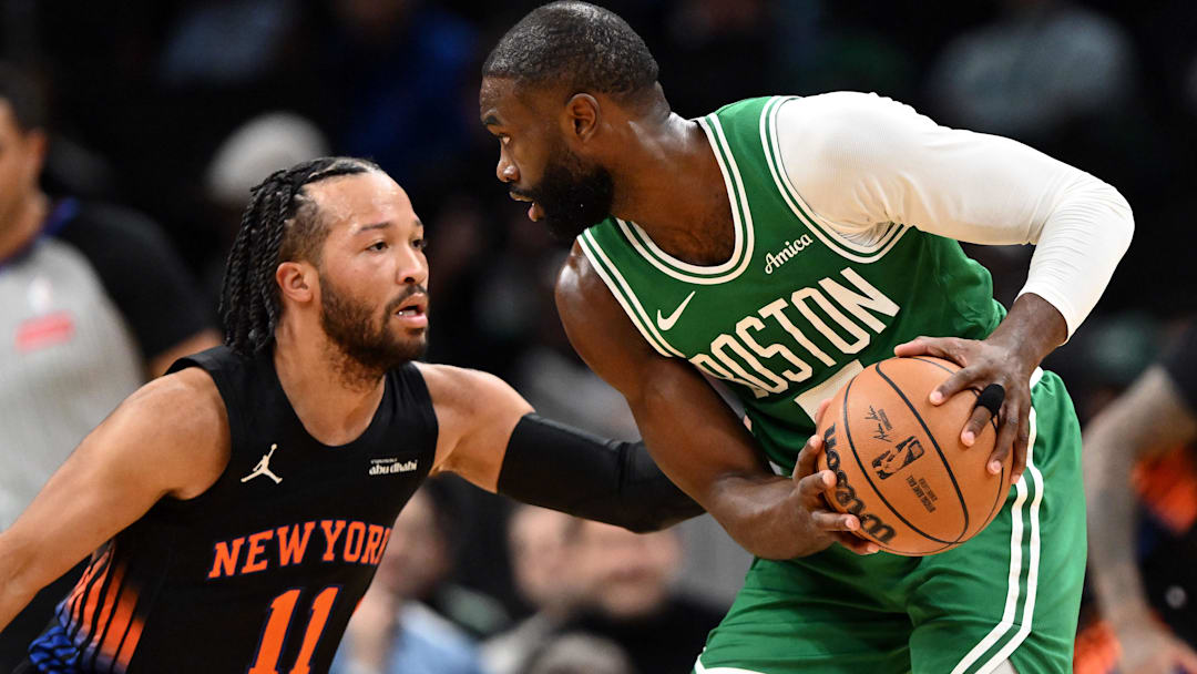 Dec 2, 2025; Boston, Massachusetts, USA; New York Knicks guard Jalen Brunson (11) defends Boston Celtics guard Jaylen Brown (7)  during the first half at the TD Garden. Mandatory Credit: Brian Fluharty-Imagn Images