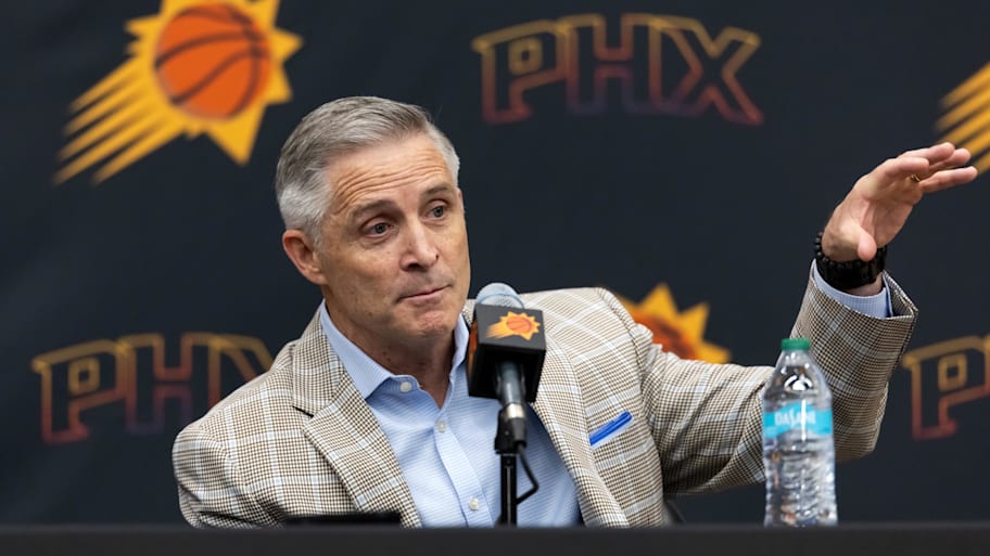 Phoenix Suns general manager Brian Gregory during an introductory press conference. | Mark J. Rebilas-Imagn Images