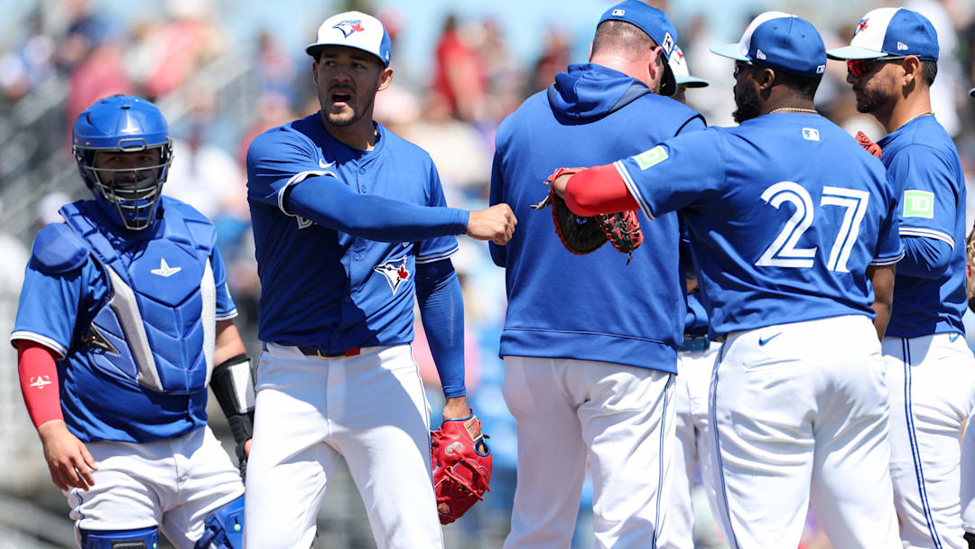 Mar 21, 2025; Dunedin, Florida, USA; Toronto Blue Jays pitcher Jose Berríos (17) leaves the game against the Philadelphia Phillies in the sixth inning during spring training at TD Ballpark. Mandatory Credit: Nathan Ray Seebeck-Imagn Images