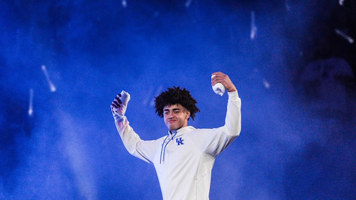 Kentucky Wildcats center Malachi Moreno (24) pumps up the crowd during his introduction at the 2025 Big Blue Madness at Rupp Arena in Lexington, Kentucky Saturday, Oct. 11, 2025.