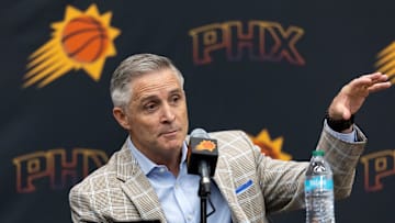 Jun 10, 2025; Scottsdale, AZ, USA; Phoenix Suns general manager Brian Gregory during an introductory press conference at the Verizon 5g Performance Center. Mandatory Credit: Mark J. Rebilas-Imagn Images