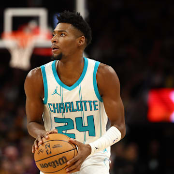 Jan 12, 2025; Phoenix, Arizona, USA; Charlotte Hornets forward Brandon Miller (24) against the Phoenix Suns at Footprint Center. Mandatory Credit: Mark J. Rebilas-Imagn Images