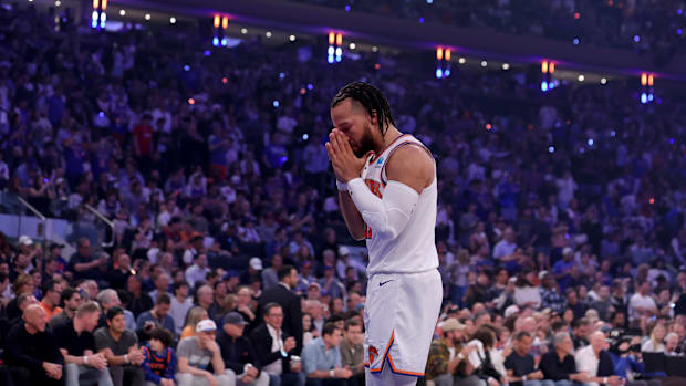 New York Knicks guard Jalen Brunson (11) before the start of a 2024 NBA playoff game against the Indiana Pacers.