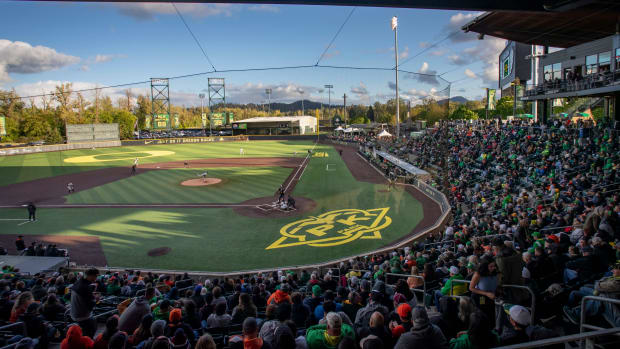 Fans fill PK Park as the Oregon Ducks host the Oregon State Beavers Tuesday, April 30, 2024, at PK Park in Eugene, Ore.