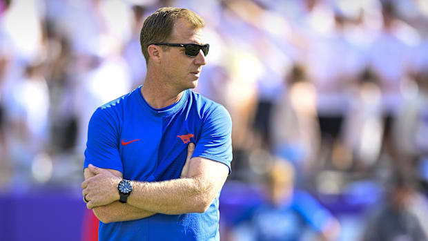 SMU head coach Rhett Lashlee looks on before the game against TCU at Amon G. Carter Stadium.