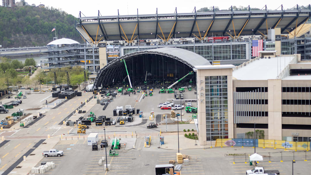 Tuesday, April 14, 2026; An ariel view of the NFL Draft Stage on Pittsburgh's North Shore.