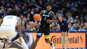 Feb 21, 2025; Philadelphia, Pennsylvania, USA; Marquette Golden Eagles guard Kam Jones (1) controls the ball against the Villanova Wildcats in the first half at Wells Fargo Center. Mandatory Credit: Kyle Ross-Imagn Images