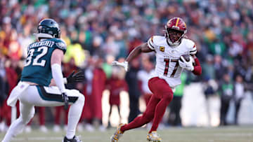 Jan 26, 2025; Philadelphia, PA, USA; Washington Commanders wide receiver Terry McLaurin (17) runs with the ball for a touchdown against the Philadelphia Eagles during the first half in the NFC Championship game at Lincoln Financial Field. Mandatory Credit: Bill Streicher-Imagn Images