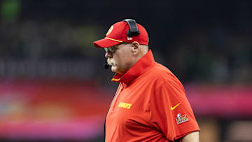 Feb 9, 2025; New Orleans, LA, USA;  Kansas City Chiefs head coach Andy Reid against the Philadelphia Eagles in Super Bowl LIX at Ceasars Superdome. Mandatory Credit: Mark J. Rebilas-Imagn Images