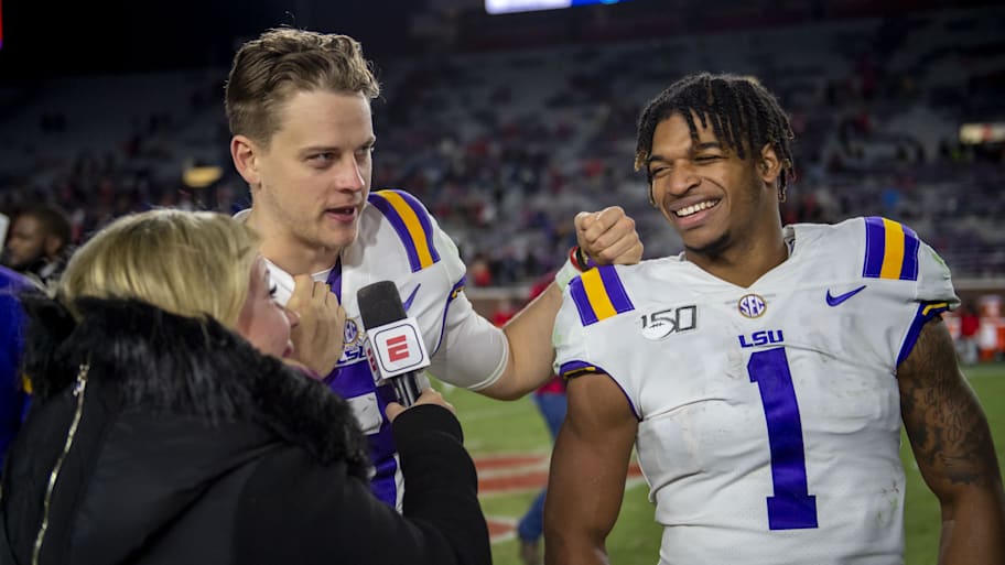 Nov 16, 2019; Oxford, MS, USA; ESPN talks with Louisiana State Tigers quarterback Joe Burrow (9) and wide receiver Ja'Marr Chase (1) after the game against the Mississippi Rebels at Vaught-Hemingway Stadium. Mandatory Credit: Vasha Hunt-Imagn Images | Vasha Hunt-Imagn Images
