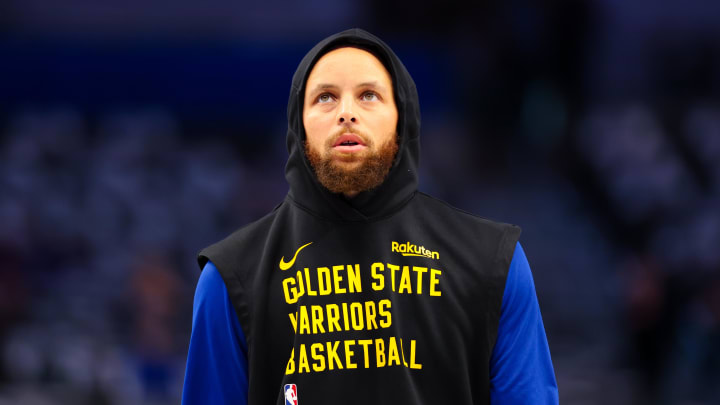 Apr 5, 2024; Dallas, Texas, USA;  Golden State Warriors guard Stephen Curry (30) warms up before the game against the Dallas Mavericks at American Airlines Center. 