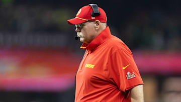 Feb 9, 2025; New Orleans, LA, USA;  Kansas City Chiefs head coach Andy Reid against the Philadelphia Eagles in Super Bowl LIX at Ceasars Superdome. Mandatory Credit: Mark J. Rebilas-Imagn Images