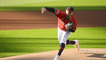 Apr 22, 2025; Cleveland, Ohio, USA; Cleveland Guardians starting pitcher Tanner Bibee (28) delivers a pitch in the first inning against the New York Yankees at Progressive Field. Mandatory Credit: David Richard-Imagn Images