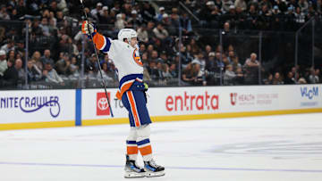 Nov 14, 2025; Salt Lake City, Utah, USA; New York Islanders defenseman Matthew Schaefer (48) reacts to scoring the game winning goal against the Utah Mammoth during overtime at Delta Center. Mandatory Credit: Rob Gray-Imagn Images