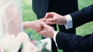 A bride and groom exchanging wedding rings.