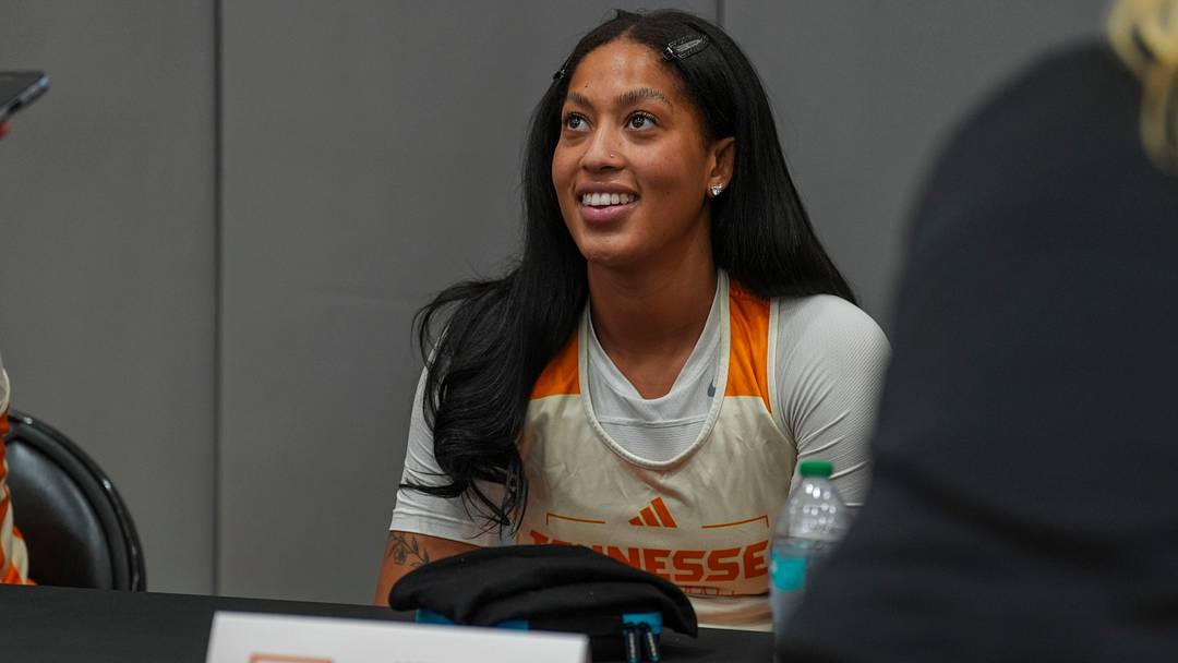 Tennessee guard Kaylene Smikle (0) smiles during an interview at the Tennessee Lady Vols basketball media day at Pratt Pavilion on Oct. 22, 2026.