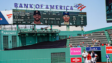 Aug 26, 2024; Boston, Massachusetts, USA; Boston Red Sox catcher Danny Jansen (28) makes his way to the dugout in a Boston Red Sox uniform while on the ball park score board when he was at bat during the postponed game back in June as a Toronto Blue Jays at Fenway Park. Mandatory Credit: David Butler II-USA TODAY Sports