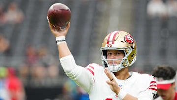 Aug 16, 2025; Paradise, Nevada, USA; San Francisco 49ers quarterback Brock Purdy (13) warms up before a preseason game against the Las Vegas Raiders at Allegiant Stadium. Mandatory Credit: Stephen R. Sylvanie-Imagn Images