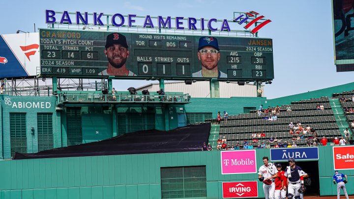 Aug 26, 2024; Boston, Massachusetts, USA; Boston Red Sox catcher Danny Jansen (28) makes his way to the dugout in a Boston Red Sox uniform while on the ball park score board when he was at bat during the postponed game back in June as a Toronto Blue Jays at Fenway Park. Mandatory Credit: David Butler II-USA TODAY Sports