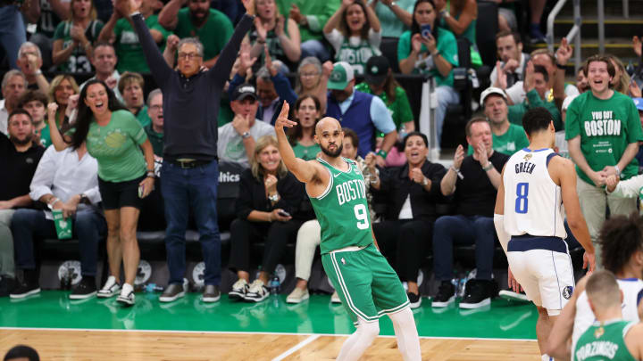 Jun 17, 2024; Boston, Massachusetts, USA; Boston Celtics guard Derrick White (9) reacts after a three point basket against the Dallas Mavericks during the first quarter in game five of the 2024 NBA Finals at TD Garden. Mandatory Credit: Peter Casey-USA TODAY Sports