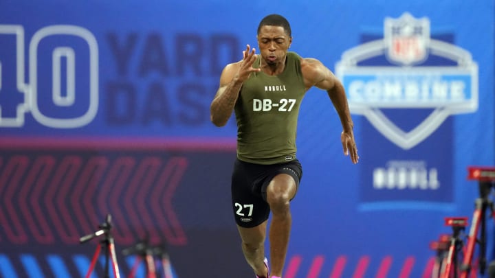 Mar 1, 2024; Indianapolis, IN, USA; Toledo defensive back Quinyon Mitchell (DB27) works out during the NFL Combine.