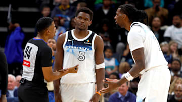 Jan 20, 2025; Memphis, Tennessee, USA; Minnesota Timberwolves guard Anthony Edwards (5) and center Naz Reid (11): Petre Thomas-Imagn Images