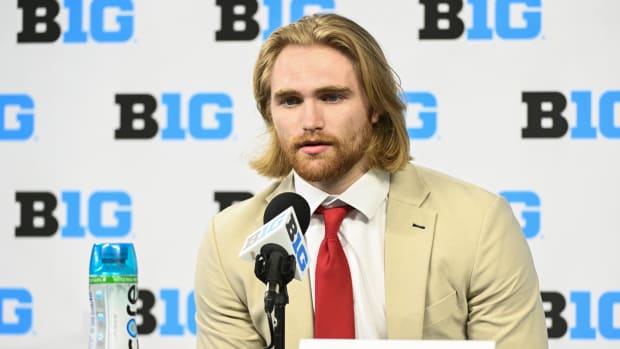 Nebraska Cornhuskers safety Isaac Gifford speaks to the media during the Big 10 football media day at Lucas Oil Stadium.