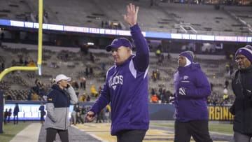 Nov 19, 2022; Morgantown, West Virginia, USA; Kansas State Wildcats head coach Chris Klieman celebrates after defeating the West Virginia Mountaineers at Mountaineer Field at Milan Puskar Stadium. Mandatory Credit: Ben Queen-USA TODAY Sports