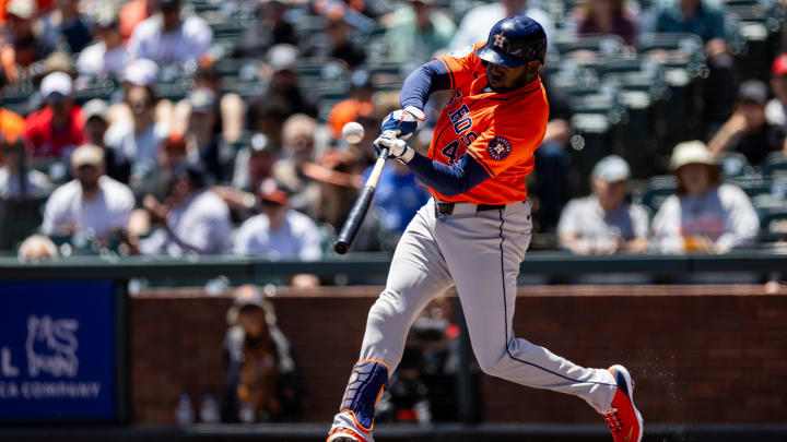 Jun 12, 2024; San Francisco, California, USA;  Houston Astros outfielder Yordan Alvarez (44) flies out during the first inning against the San Francisco Giants at Oracle Park. 