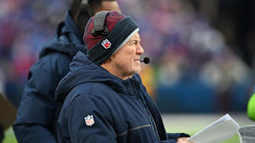 Dec 31, 2023; Orchard Park, New York, USA; New England Patriots head coach Bill Belichick watches a play against the Buffalo Bills in the fourth quarter at Highmark Stadium. Mandatory Credit: Mark Konezny-Imagn Images
