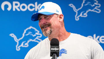 Detroit Lions head coach Dan Campbell speaks at a press conference during training camp at Meijer Performance Center in Allen Park on Sunday, July 20, 2025.