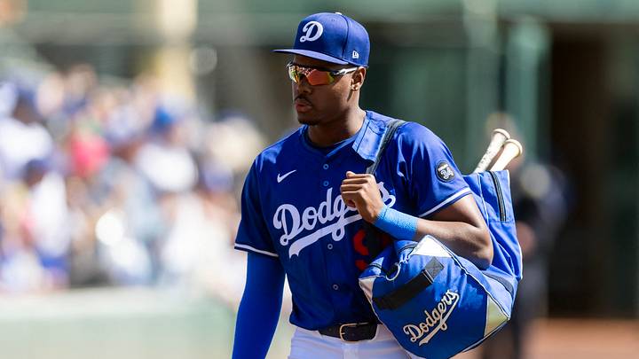 Mar 2, 2025; Phoenix, Arizona, USA; Los Angeles Dodgers outfielder Josue De Paula against the Chicago White Sox during a spring training game at Camelback Ranch-Glendale. Mandatory Credit: Mark J. Rebilas-Imagn Images