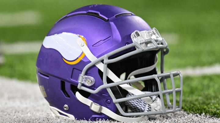 Nov 27, 2023; Minneapolis, Minnesota, USA; A Minnesota Vikings helmet sits idle on the field before the game between the Minnesota Vikings and the Chicago Bears at U.S. Bank Stadium. Mandatory Credit: Jeffrey Becker-USA TODAY Sports