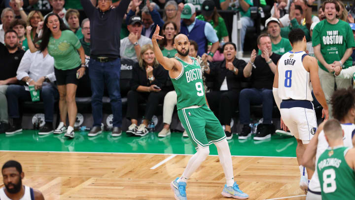 Jun 17, 2024; Boston, Massachusetts, USA; Boston Celtics guard Derrick White (9) reacts after a three point basket against the Dallas Mavericks during the first quarter in game five of the 2024 NBA Finals at TD Garden. Mandatory Credit: Peter Casey-USA TODAY Sports