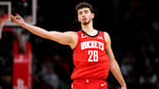 Jan 23, 2023; Houston, Texas, USA; Houston Rockets center Alperen Sengun (28) reacts after a made basket against the Minnesota Timberwolves during the second quarter at Toyota Center. Mandatory Credit: Erik Williams-Imagn Images