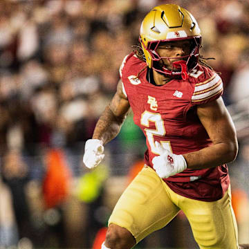 Nov 1, 2025; Chestnut Hill, Massachusetts, USA; Boston College Eagles running back Turbo Richard (2) runs a pass route in the fourth quarter against the Notre Dame Fighting Irish at Alumni Stadium. Mandatory Credit: Edward Finan-Imagn Images