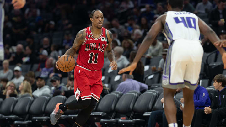 Dec 4, 2022; Sacramento, California, USA;  Chicago Bulls forward DeMar DeRozan (11) controls the ball during the third quarter against the Sacramento Kings at Golden 1 Center. Mandatory Credit: Stan Szeto-USA TODAY Sports