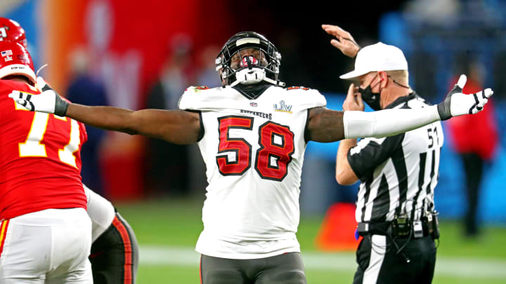 Feb 7, 2021; Tampa, FL, USA;  Tampa Bay Buccaneers outside linebacker Shaquil Barrett (58) reacts during the fourth quarter against the Kansas City Chiefs in Super Bowl LV at Raymond James Stadium.  Mandatory Credit: Mark J. Rebilas-USA TODAY Sports