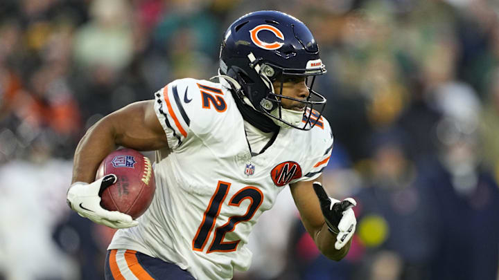 Dec 7, 2025; Green Bay, Wisconsin, USA;  Chicago Bears wide receiver Devin Duvernay (12) during the game against the Green Bay Packers at Lambeau Field. Mandatory Credit: Jeff Hanisch-Imagn Images