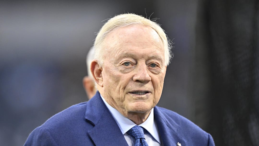 Sep 28, 2025; Arlington, Texas, USA; Dallas Cowboys owner Jerry Jones looks on before the game against the Green Bay Packers at AT&T Stadium. Mandatory Credit: Jerome Miron-Imagn Images