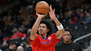 Apr 4, 2025; Toronto, Ontario, CAN;  Detroit Pistons forward Ron Harper Jr. (13) shoots the ball during warmups before tip off against the Toronto Raptors at Scotiabank Arena. Mandatory Credit: Dan Hamilton-Imagn Images