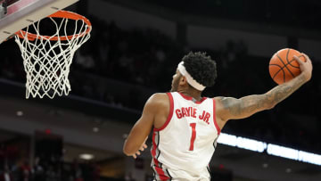 Feb. 10, 2024; Columbus, Ohio, USA; 
Ohio State Buckeyes guard Roddy Gayle Jr. (1) slams a dunk to seal a 79-75 win over the Maryland Terrapins in double overtime on Saturday at Value City Arena.