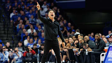 Nov 20, 2023; Lexington, Kentucky, USA; Saint Joseph's Hawks head coach Billy Lange yells to his players during the first half against the Kentucky Wildcats at Rupp Arena at Central Bank Center. Mandatory Credit: Jordan Prather-Imagn Images
